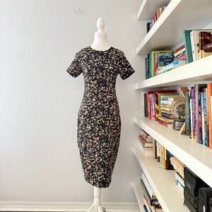 Alexander McQueen Floral Bodycon Midi Dress Black, Short Sleeve pencil fit Large